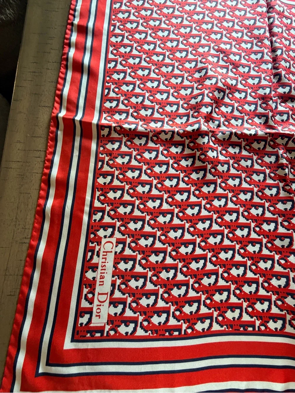 Vintage Christian Dior Silk Scarf Red Navy White Geometric Logo 27” Square
